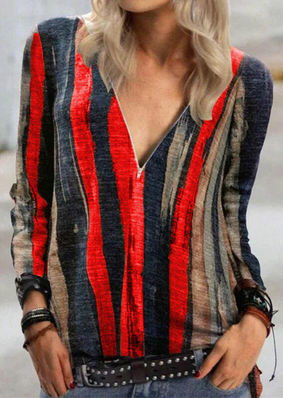 

Tie Dye V-Neck Zipper Long Sleeve Blouse - Red, 486363