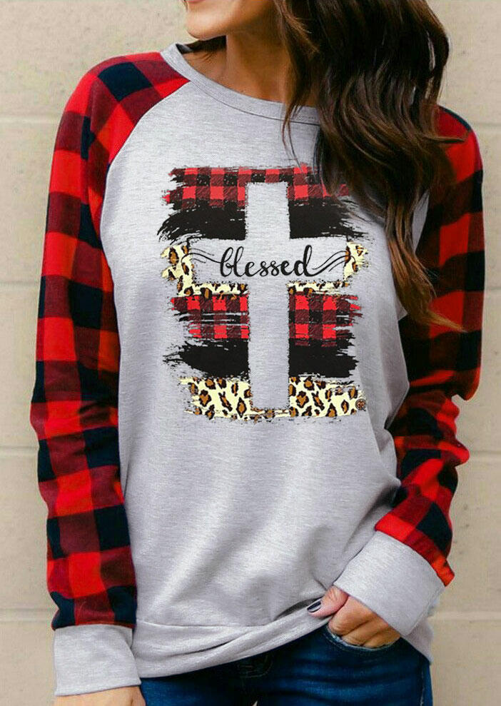 

Leopard Buffalo Plaid Blessed Cross T-Shirt Tee - Light Grey, 486425