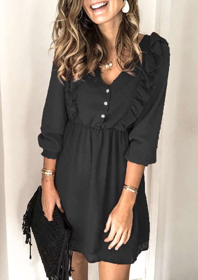 

Ruffled Button Elastic Cuff Mini Dress - Black, 486469