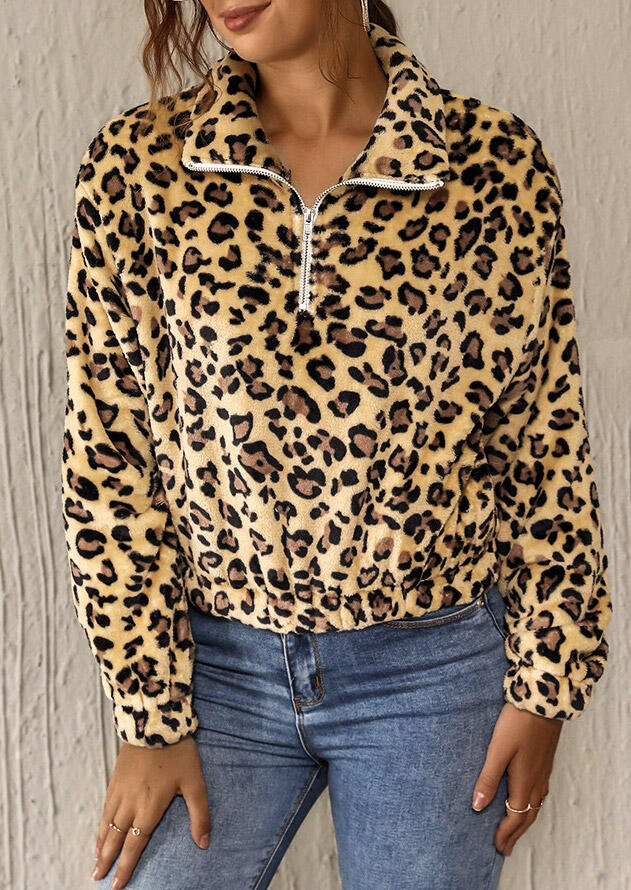 

Leopard Zipper Collar Elastic Cuff Pullover Flannel Sweatshirt, 486477
