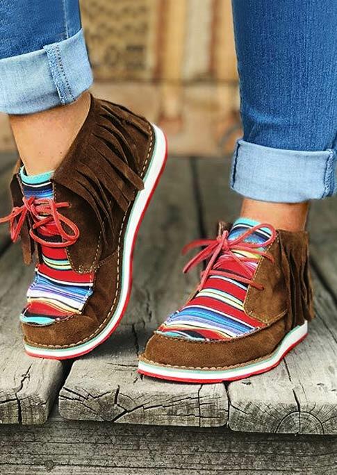 

Serape Striped Tassel Splicing Lace Up Flat Sneakers - Brown, 485671