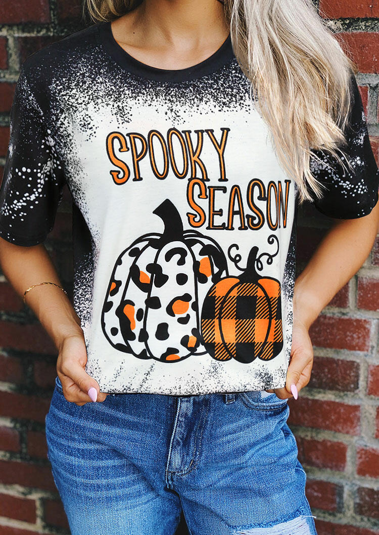 

Spooky Season Leopard Plaid Pumpkin Bleached T-Shirt Tee - Black, 486220