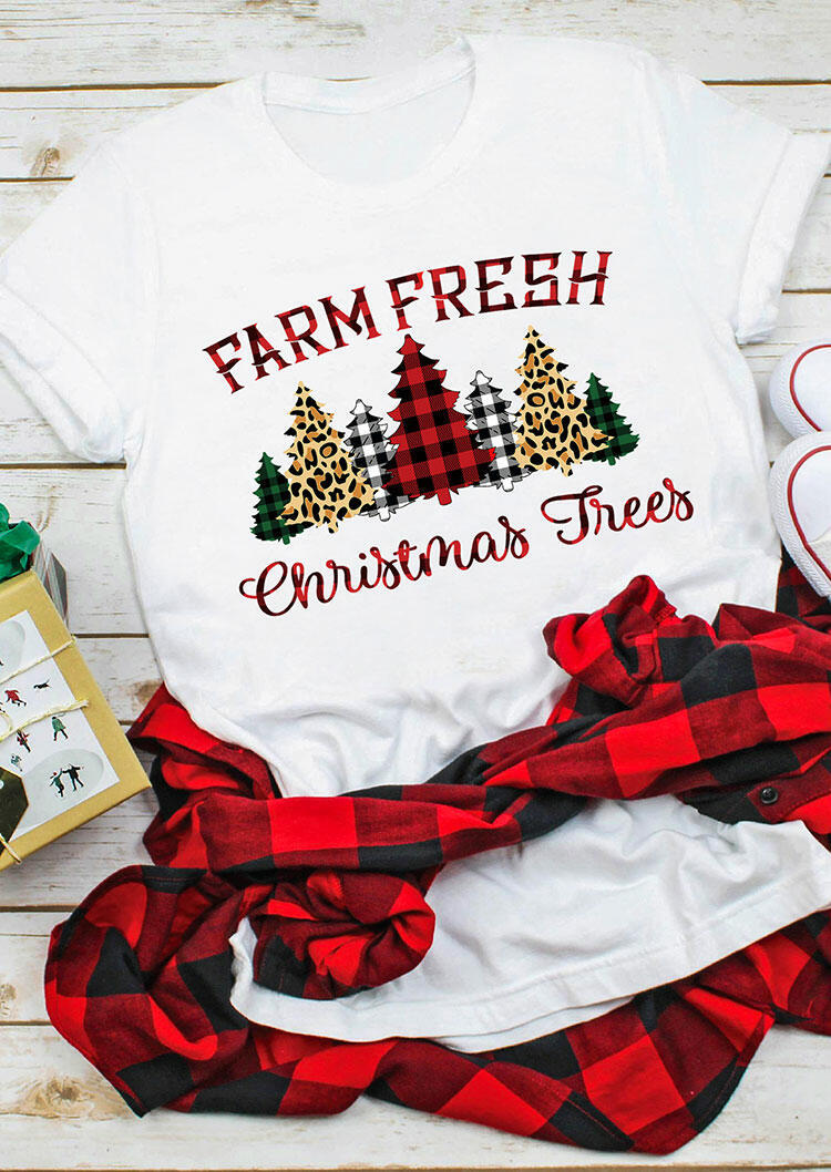

Farm Fresh Christmas Trees Leopard Plaid T-Shirt Tee - White, 486343