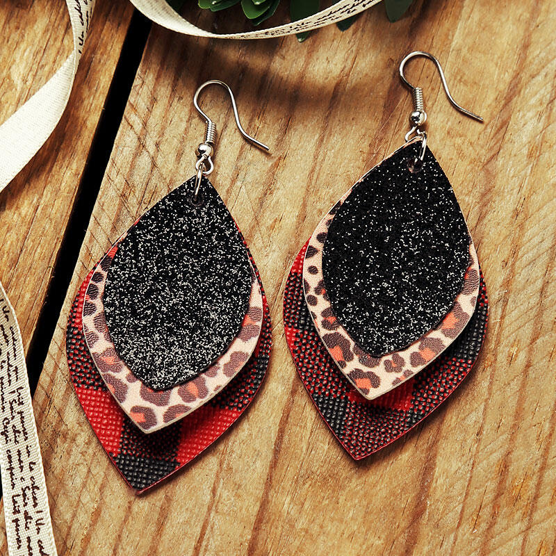 

Sequined Leopard Buffalo Plaid Multi-Layered Earrings, Multicolor, 486461
