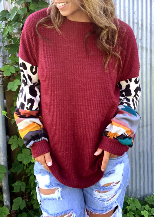 

Leopard Splicing Long Sleeve Blouse - Burgundy, 486484