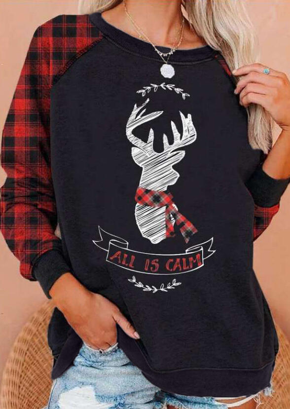 

Christmas Reindeer Buffalo Plaid Raglan Sleeve Blouse - Black, 486506