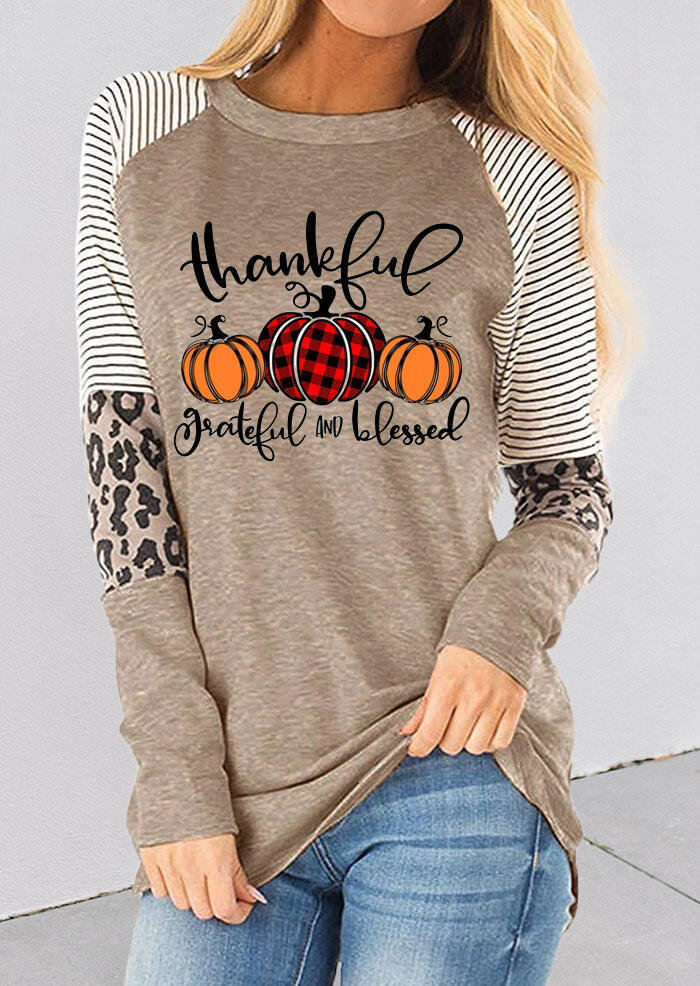 

Thankful Striped Leopard Plaid Pumpkin T-Shirt Tee - Light Khaki, 486512