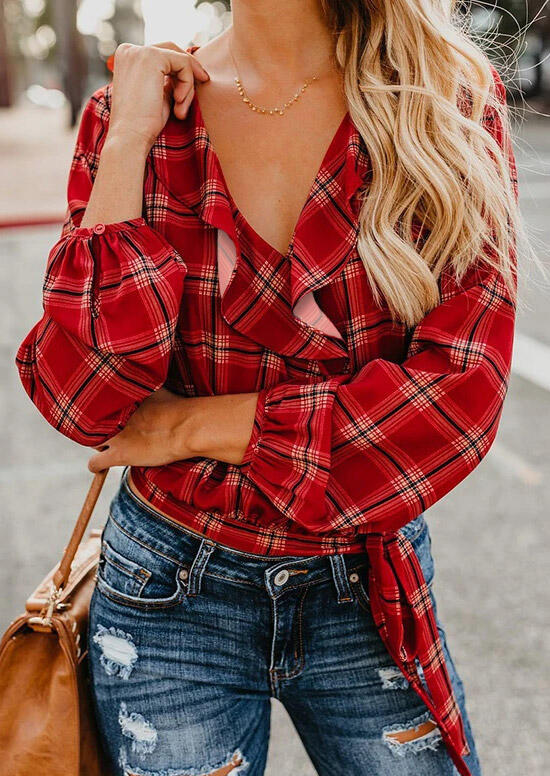 

Buffalo Plaid Ruffled Button Tie Blouse - Red, 485013