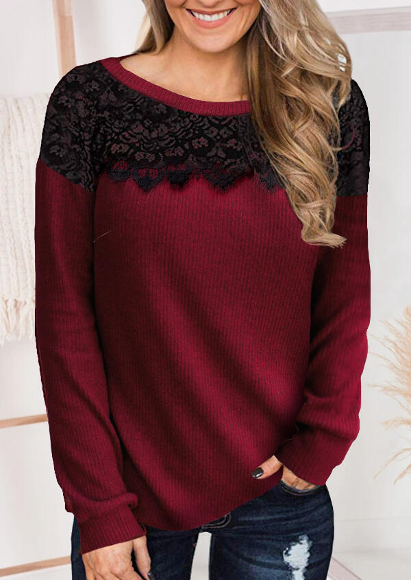 

Lace Splicing Knitted O-Neck Sweater - Burgundy, 485024