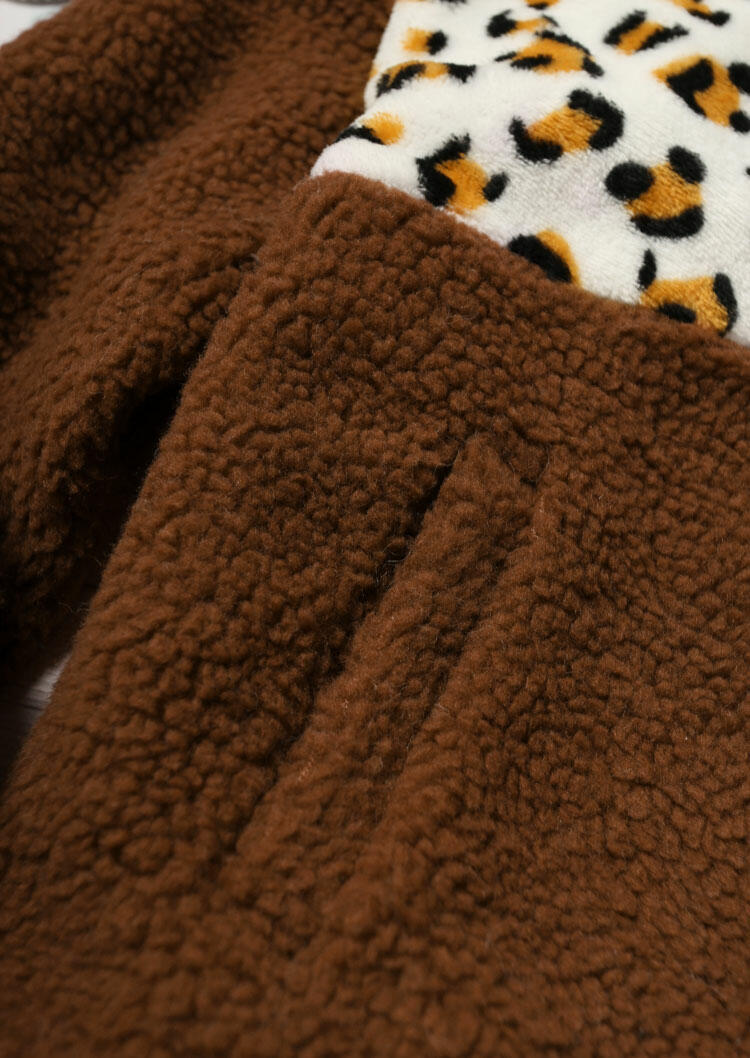 Leopard Splicing Pocket Zipper Drawstring Fleece Coat - Brown