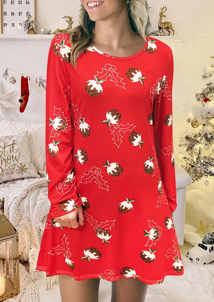 

Christmas Holly Strawberry Cake O-Neck Mini Dress - Red, 486525