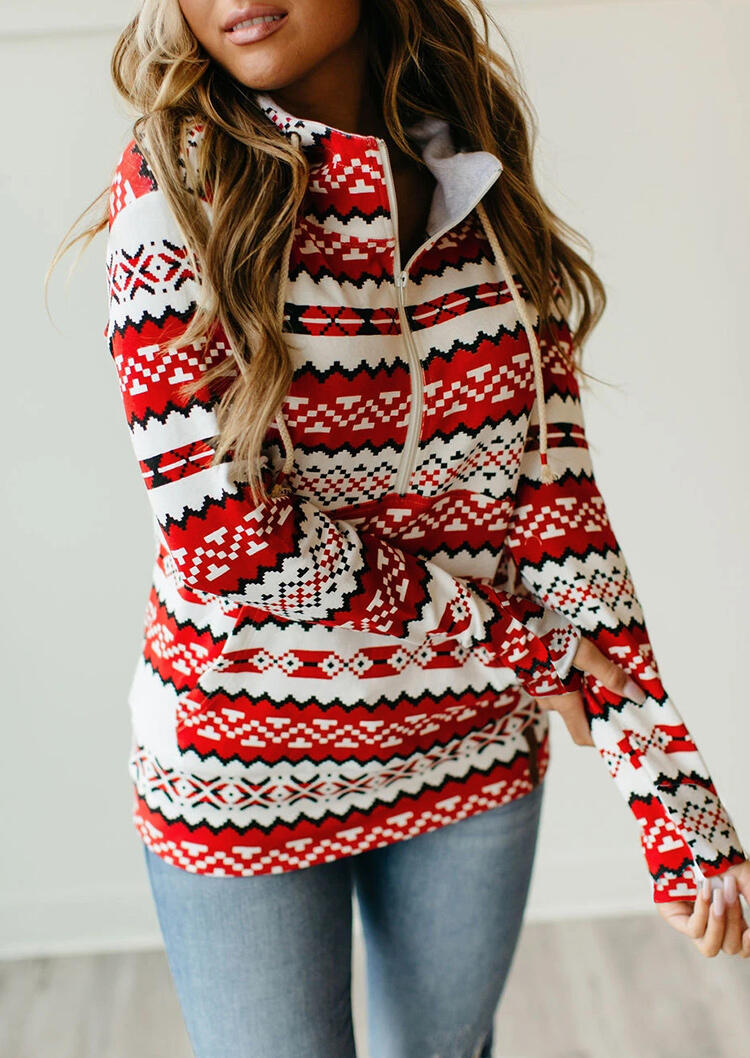

Snowflake Geometric Kangaroo Pocket Drawstring Hoodie - Red, 486527