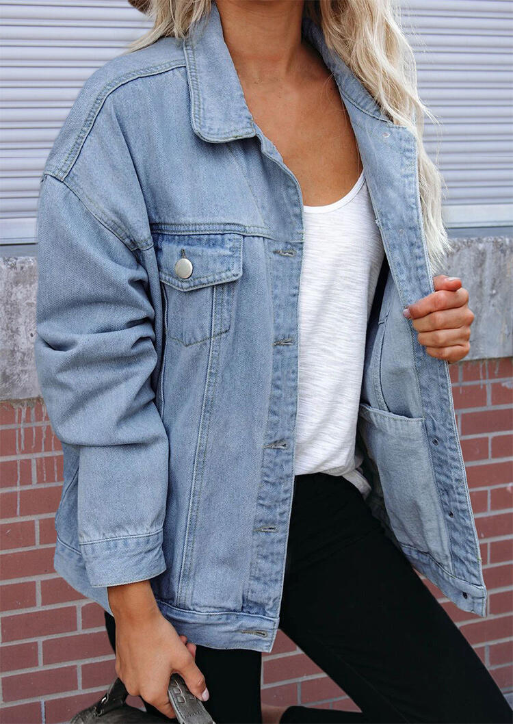 

Button Pocket Long Sleeve Casual Denim Coat - Blue, 486530