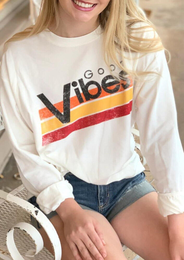 

Good Vibes Striped Long Sleeve Pullover Sweatshirt - White, 486533