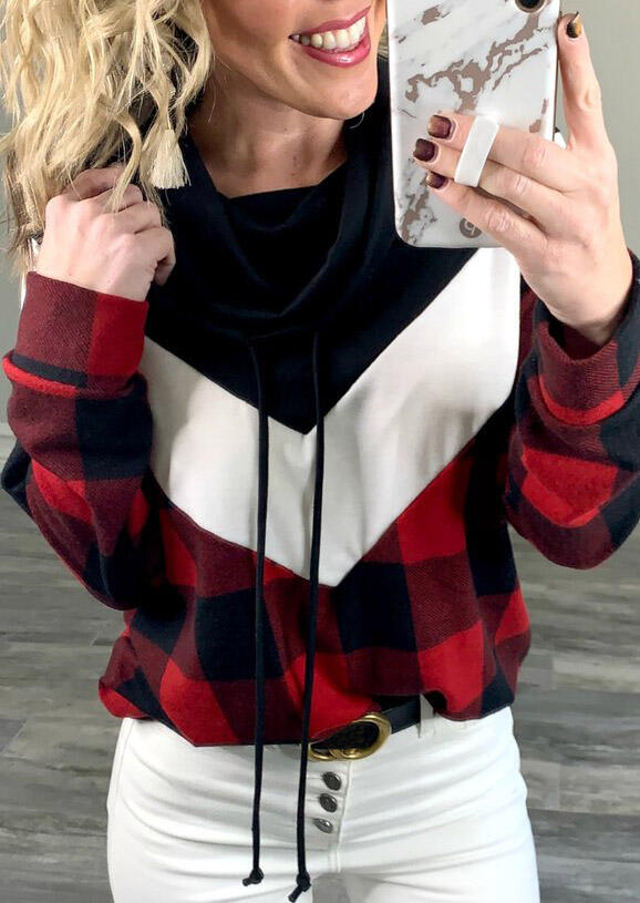 

Buffalo Plaid Cowl Neck Drawstring Pullover Sweatshirt, 486534