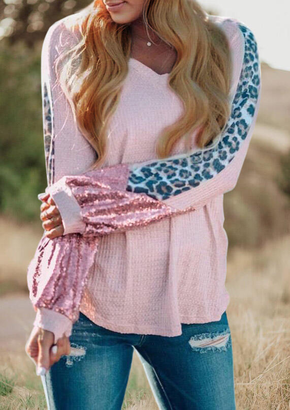 

Sequined Leopard Splicing Long Sleeve Blouse - Pink, 486542