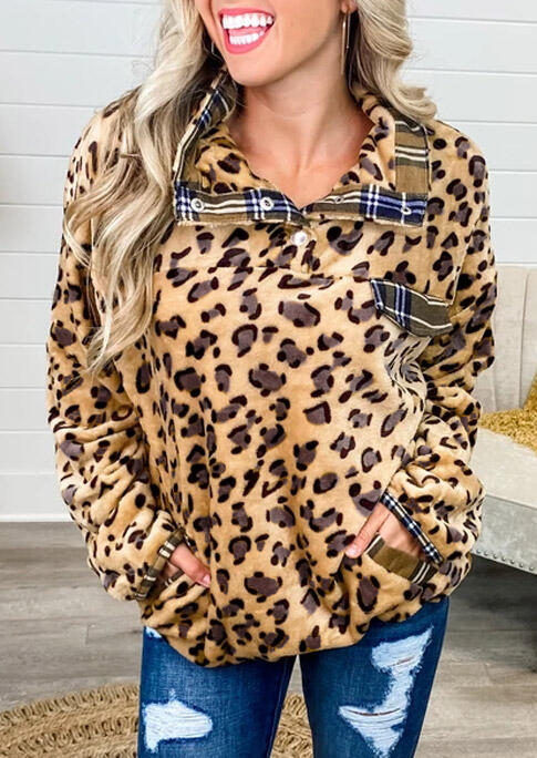 

Leopard Plaid Button Pocket Plush Pullover Sweatshirt, 486555