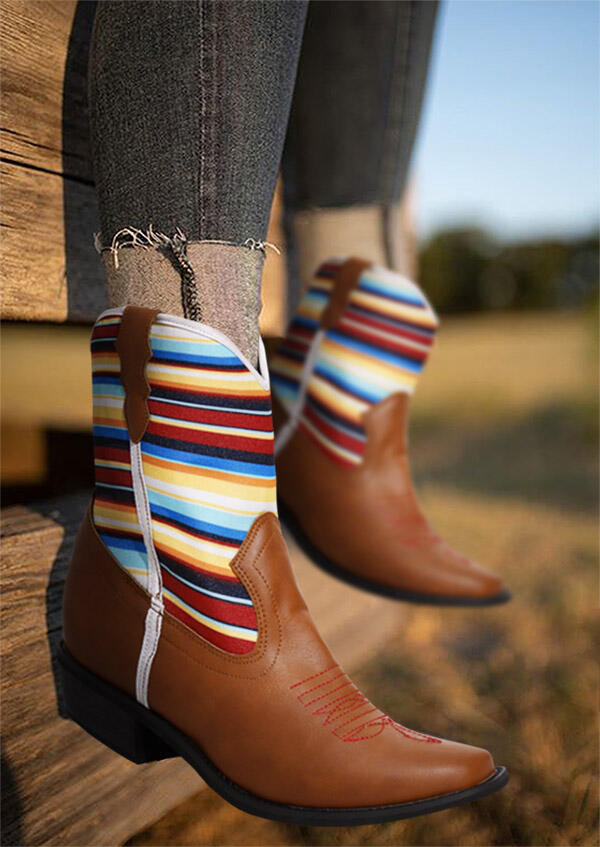 

Serape Striped Splicing Pointed Toe Ankle Boots - Brown, 486556