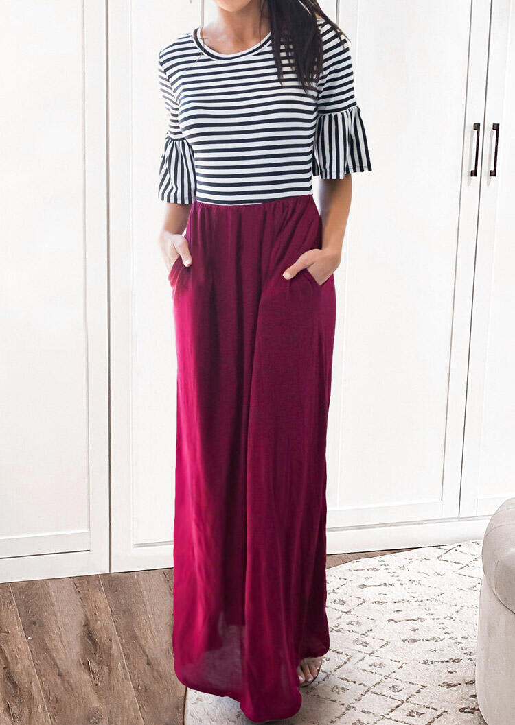 

Striped Ruffled Splicing Pocket O-Neck Maxi Dress, Stripe, 486599