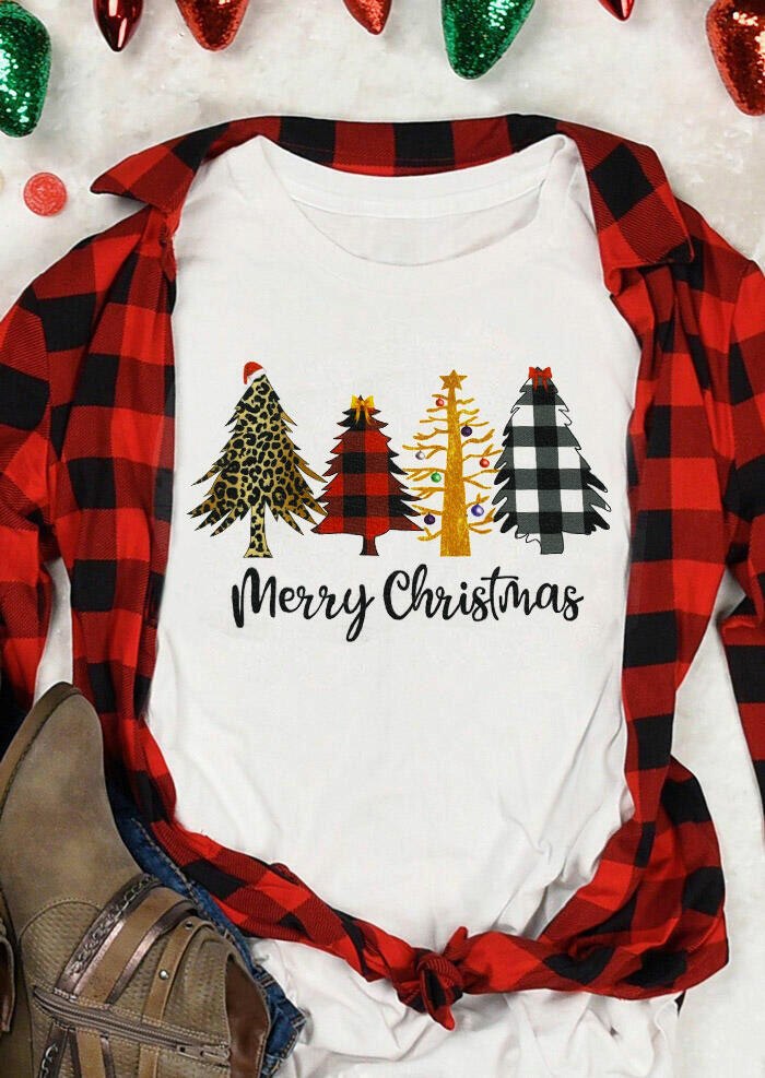 

Merry Christmas Leopard Plaid Tree T-Shirt Tee - White, 486637