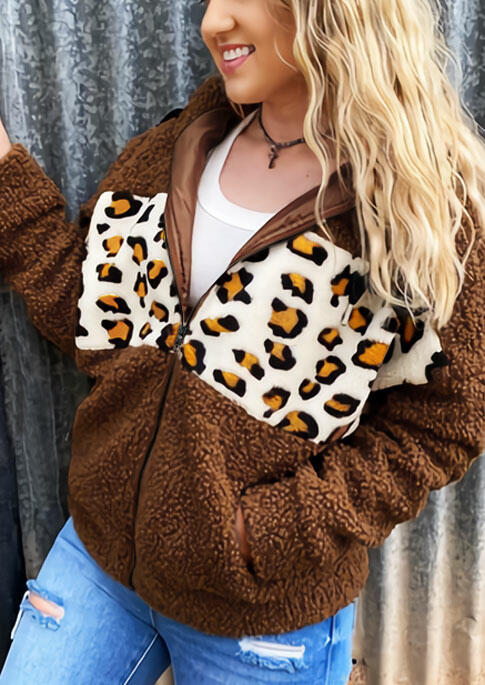 

Leopard Splicing Pocket Zipper Drawstring Fleece Coat - Brown, 486463