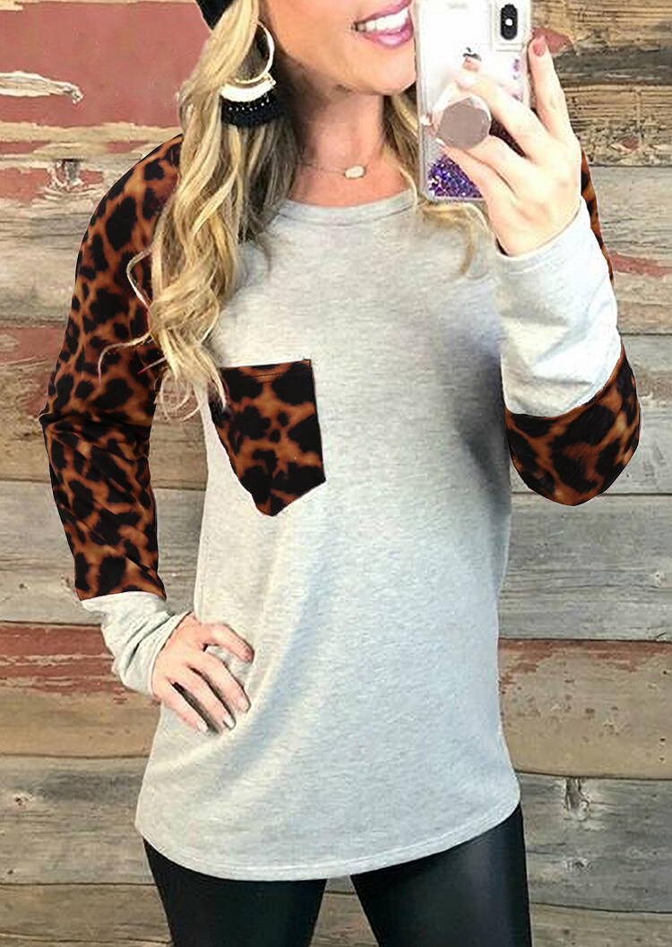 

Leopard Splicing Pocket Long Sleeve Blouse - Light Grey, 486543