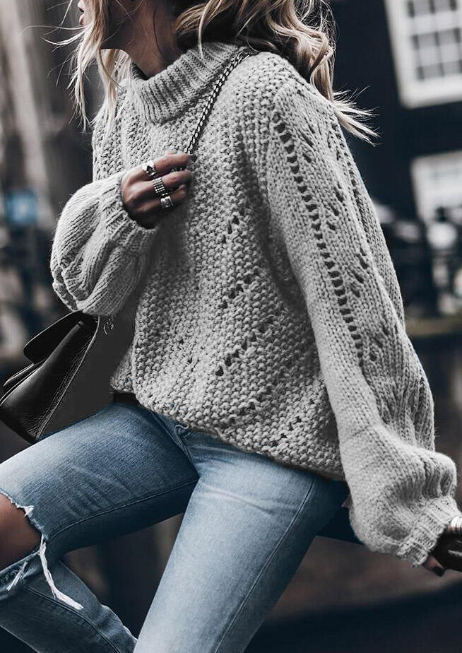 

Knitted Turtleneck Long Sleeve Sweater - Gray, 486549