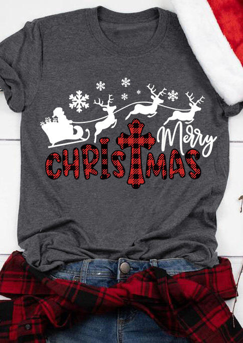 

Merry Christmas Reindeer Snowflake Plaid T-Shirt Tee - Gray, 486611