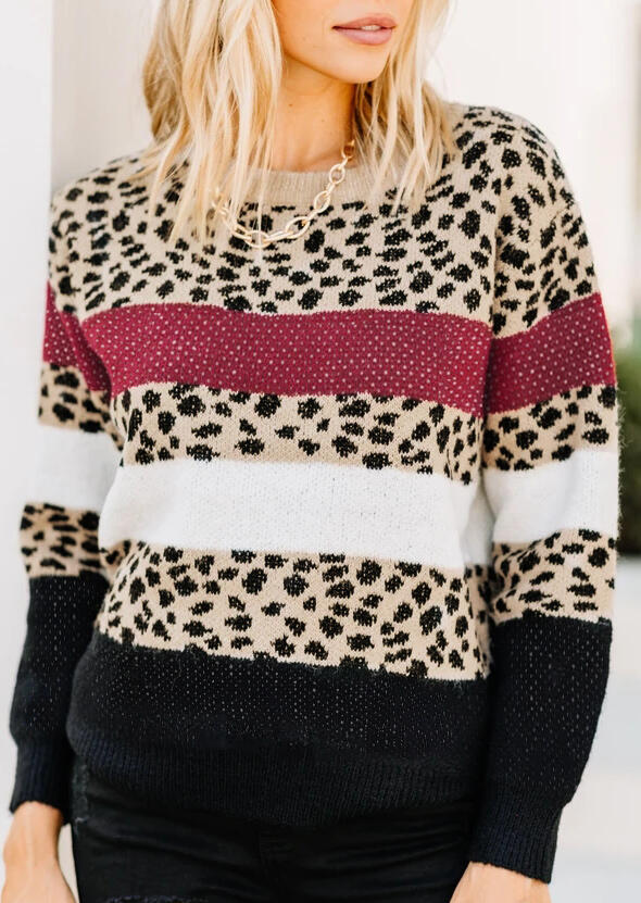 

Leopard Striped Splicing Knitted Pullover Sweater, Multicolor, 486622
