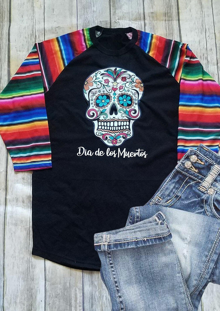 

Day Of The Dead Skull Serape Striped T-Shirt Tee - Black, 486653