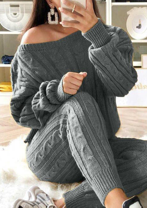 

Long Sleeve Knitted Sweater And Elastic Waist Pants Two-Piece Set, Gray, 486663