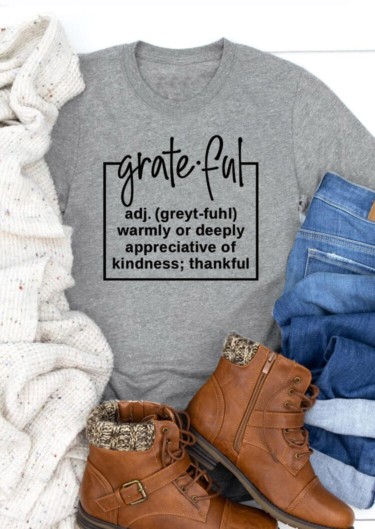 

Grateful Letter Graphic T-Shirt Tee - Gray, 486669