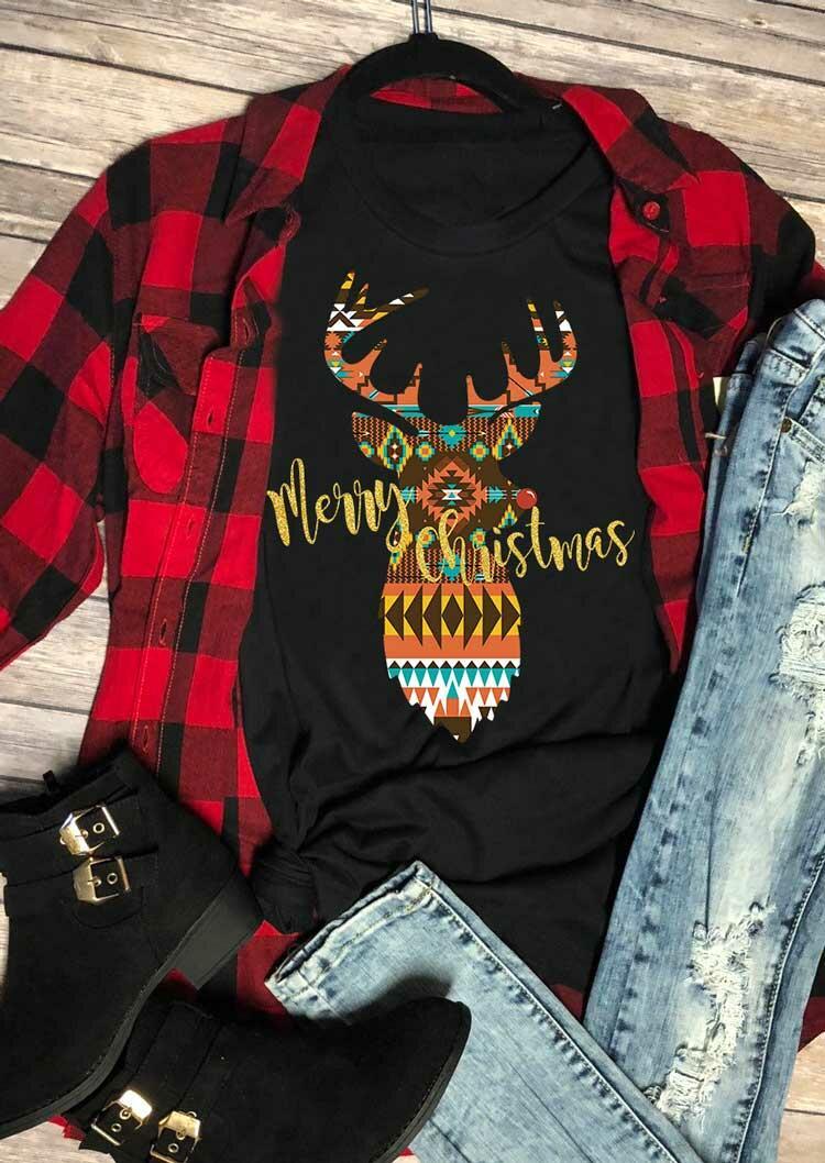 

Merry Christmas Aztec Geometric Reindeer T-Shirt Tee - Black, 486674
