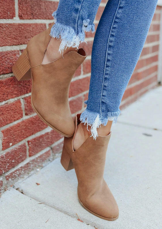 

Side Slit Chunky Heel Pointed Toe Ankle Boots - Light Brown, 486694