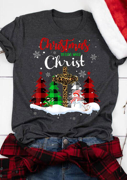

Christmas Begins With Christ Plaid Tree Leopard Cross T-Shirt Tee - Dark Grey, 486697