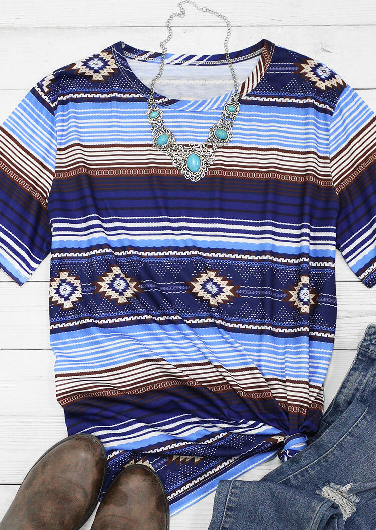 

Aztec Geometric Striped O-Neck T-Shirt Tee, Multicolor, 484414