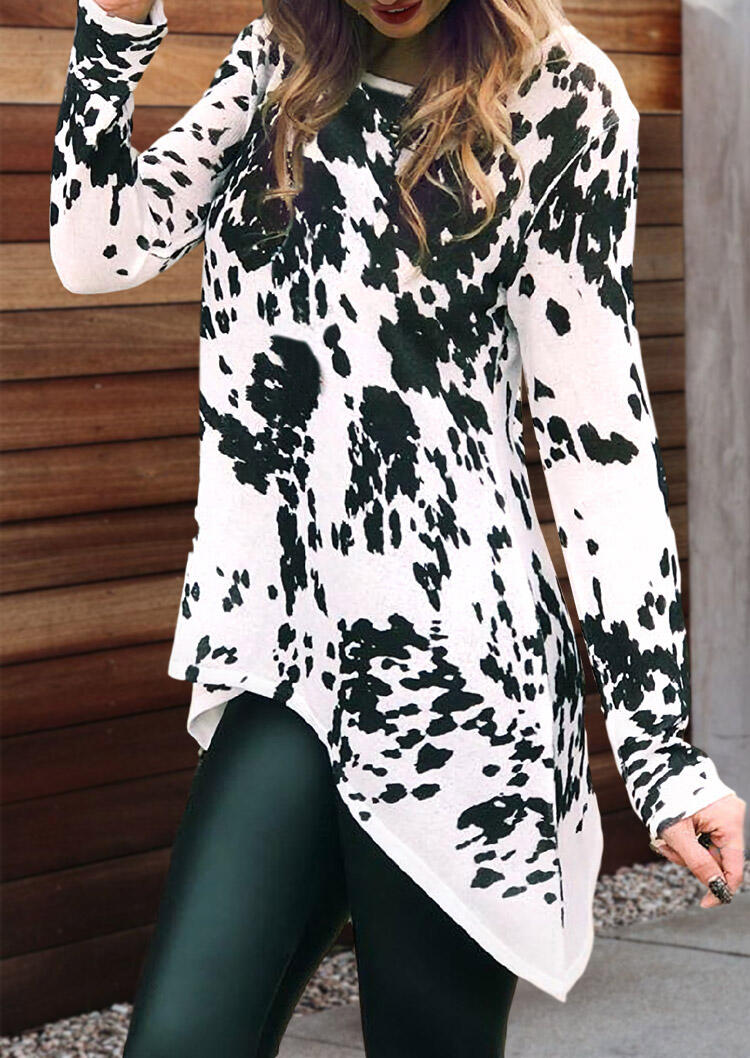 

Cow Asymmetric O-Neck Long Sleeve Blouse, Multicolor, 486642