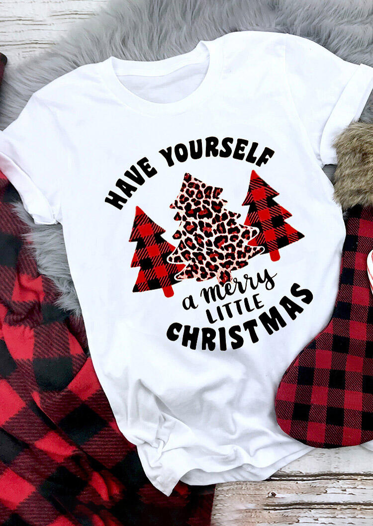 

Have Yourself A Merry Little Christmas Plaid Leopard Tree T-Shirt Tee - White, 486688