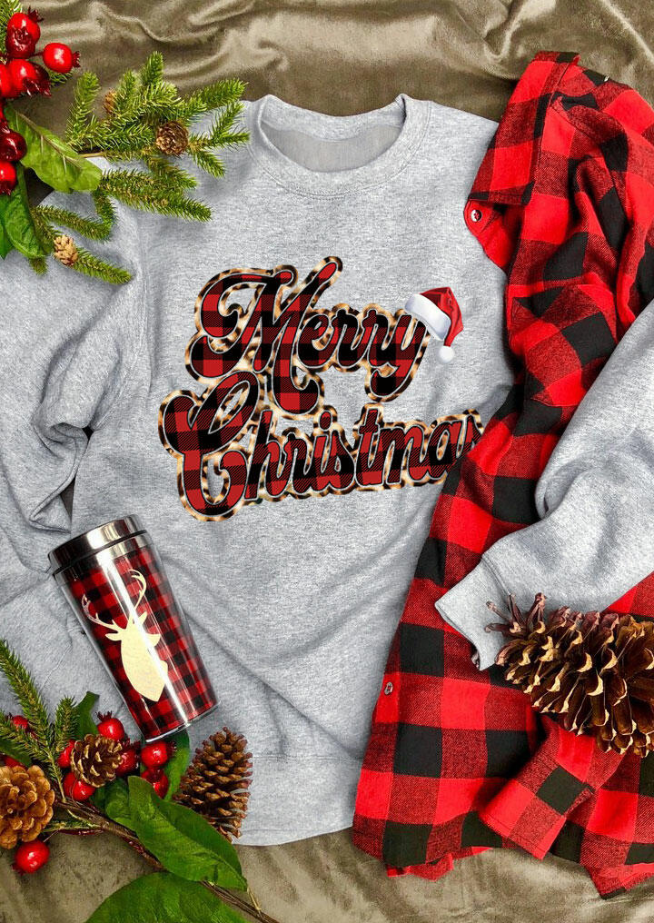

Merry Christmas Leopard Buffalo Plaid Pullover Sweatshirt - Gray, 486690