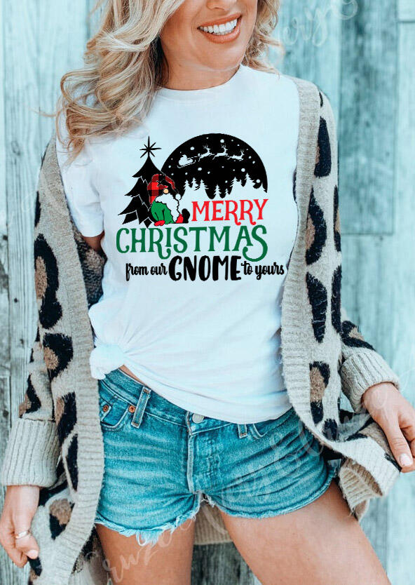 Merry Christmas From Our Gnome to Yours Plaid T-Shirt Tee - White
