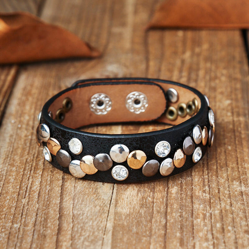 

Adjustable Button Rhinestone Punk PU Leather Bracelet, Light pink, 486733