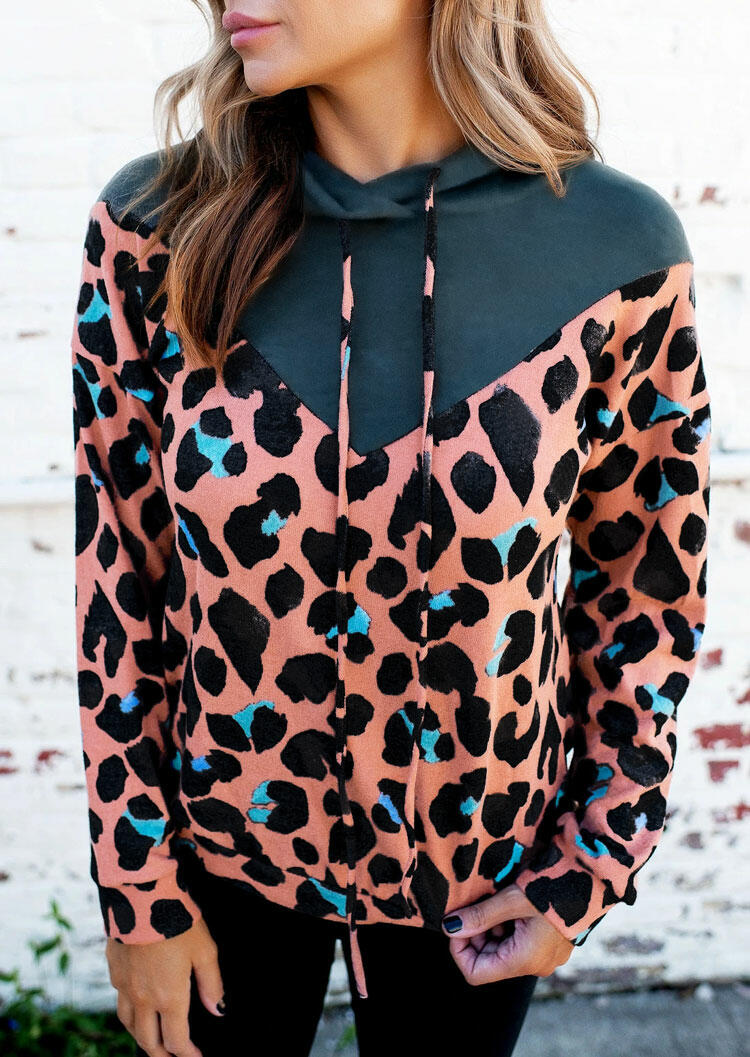 

Colorful Leopard Splicing Drawstring Pullover Hoodie, 486748