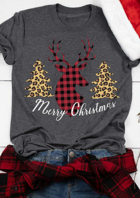 

Merry Christmas Leopard Trees Buffalo Plaid Reindeer T-Shirt Tee - Dark Grey, 486786