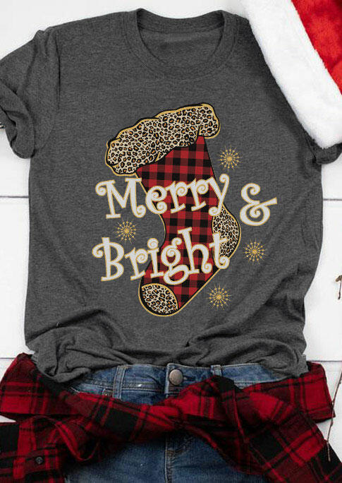 

Christmas Plaid Leopard Merry & Bright Sock T-Shirt Tee - Dark Grey, 486790