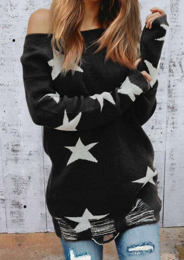 

Star Hollow Out Ripped Long Sleeve Sweatshirt - Black, 486808