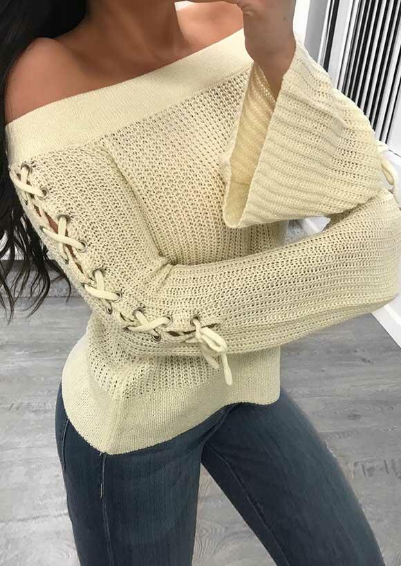 

Lace Up Knitted Flare Sleeve Sweater - Apricot, 486811