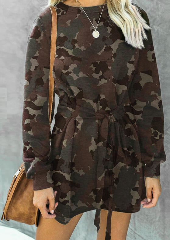 

Camouflage Tie Mini Sweatshirt Dress Without Necklace, 486801