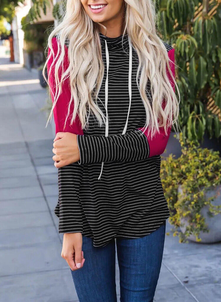 

Striped Splicing Drawstring Pullover Hoodie - Rose Red, 486813
