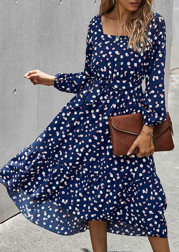 

Polka Dot Lantern Sleeve Square Collar Casual Dress - Navy Blue, 486830