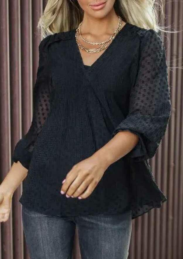 

Dotted Swiss V-Neck Casual Blouse - Black, 486853